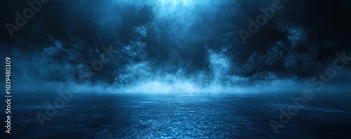 Abstract background of dark blue with light rays and mist, spotlight on an asphalt floor for display products. Dark scene with reflections from the water surface