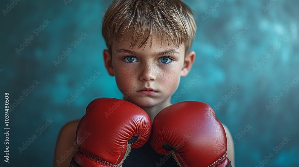A young boy wearing boxing gloves and a red shirt A young boy wearing boxing gloves and a red shirt