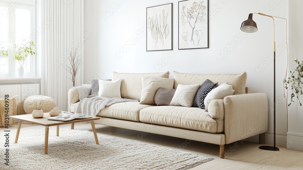 Fototapeta premium A realistic photo of a contemporary living room featuring a beige sofa, white walls, and a coffee table The room is styled with a soft rug, modern floor lamp, and decorative wall art Cushions and