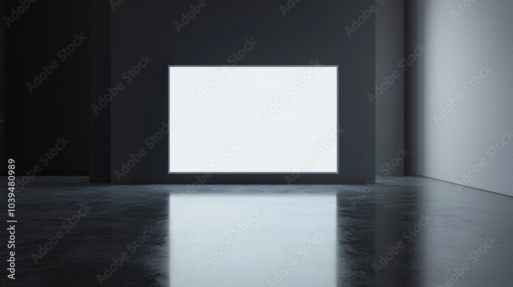 A blank white billboard stands in an empty room, ready for your message. The glossy floor and dark grey walls provide a simple backdrop.