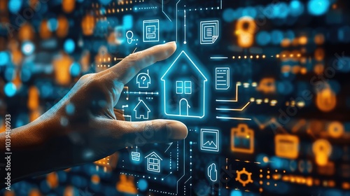 Digital real estate, smart home technology concept with a hand touching a virtual house icon surrounded by a cityscape and financial icons in the background, close-up view.