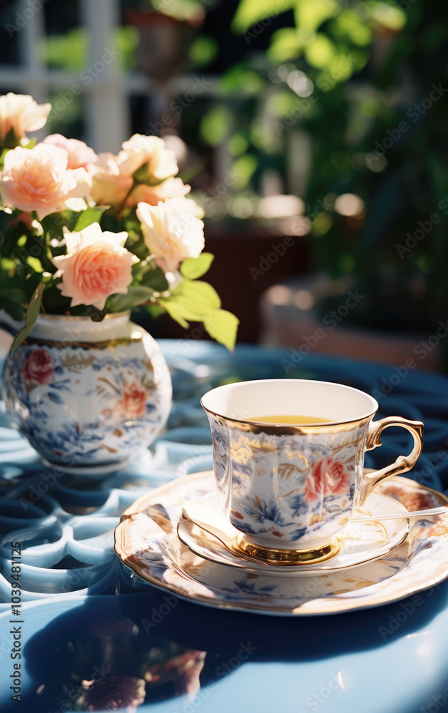generated illustration of victorian tea cup on table with rose potted plant against morning sun generated illustration of victorian tea cup on table with rose potted plant against morning sun