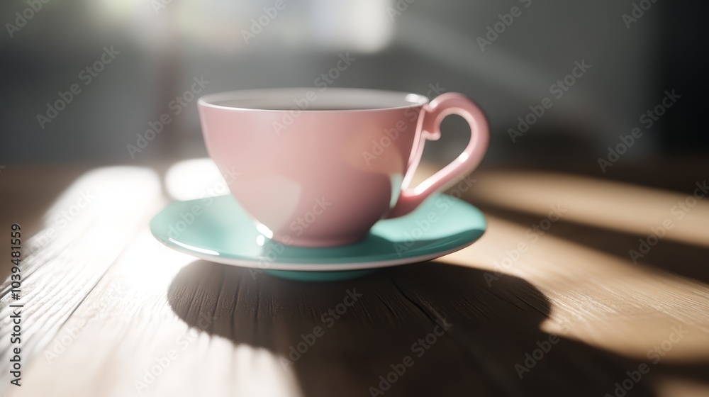 A pink cup atop a green saucer on a wooden table by the window A pink cup atop a green saucer on a wooden table by the window