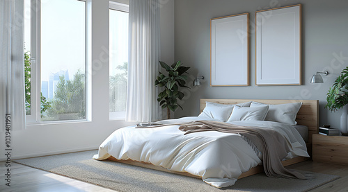 A minimalist bedroom with a gray palette, featuring a light gray bed, soft gray linens, and a textured gray rug, set against a darker gray accent wall, creating a peaceful and serene atmosphere.