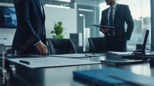 High-resolution photorealistic capture of a business deal being discussed between a client and lawyer at a sleek office desk. The modern office setting and neatly arranged documents highlight the