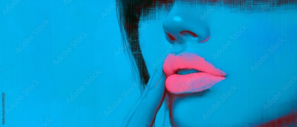 Obraz premium Artistic rendering of a woman's face, focusing on her bright pink lips and part of her nose against a vivid blue background. Abstract style and painterly, with brushstroke-like textures, Generative AI