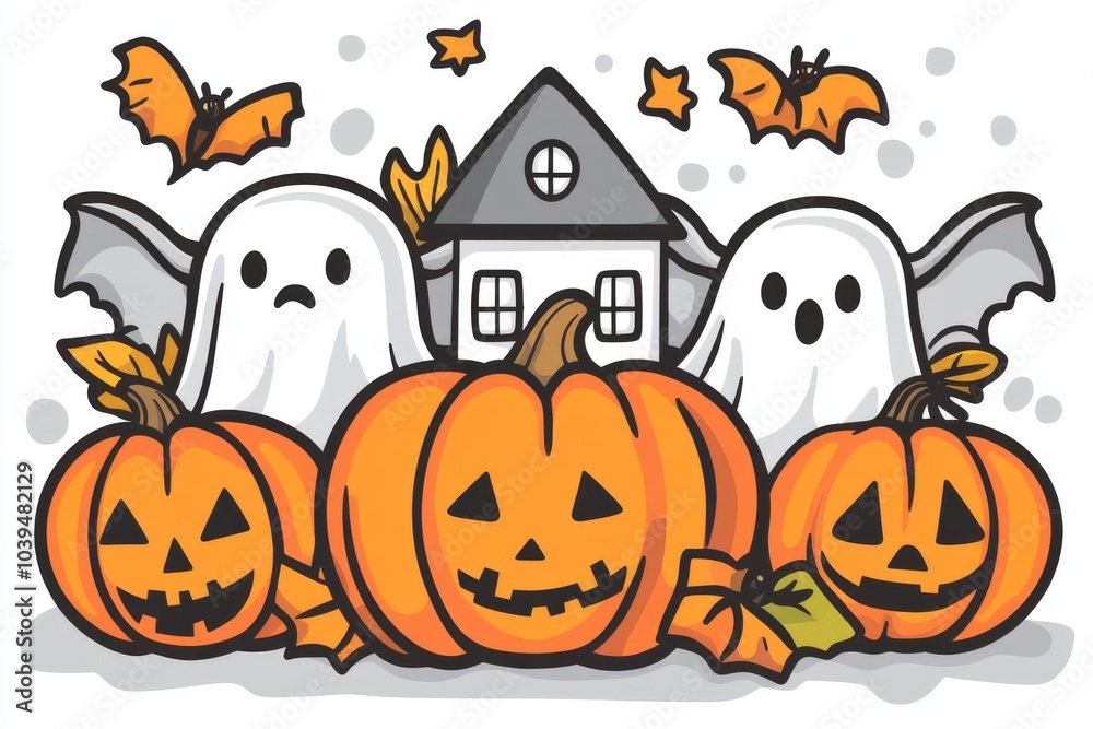 Cartoon Halloween scene with jack o lanterns ghosts and bats in a playful style evoking a festive family friendly atmosphere with bright cheerful colors Cartoon Halloween scene with jack o lanterns ghosts and bats in a playful style evoking a festive family friendly atmosphere with bright cheerful colors