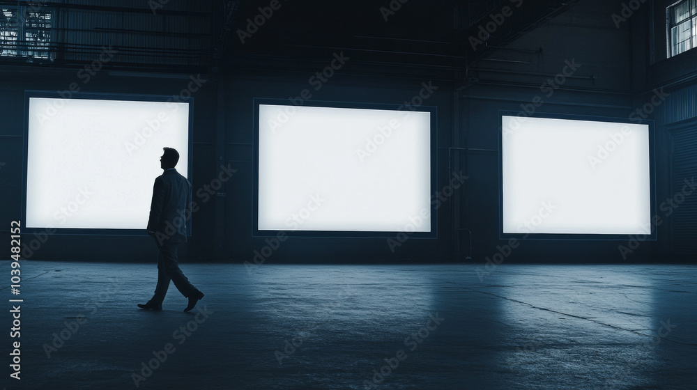 A businessman walks past three blank screens in a dark, industrial space. These screens are perfect for showcasing ads or brand logos. A businessman walks past three blank screens in a dark, industrial space. These screens are perfect for showcasing ads or brand logos.