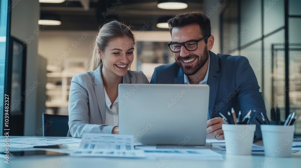 High-resolution photorealistic capture of two cheerful business professionals reviewing financial reports and agreements at a laptop in a modern office. Their positive energy and teamwork are High-resolution photorealistic capture of two cheerful business professionals reviewing financial reports and agreements at a laptop in a modern office. Their positive energy and teamwork are