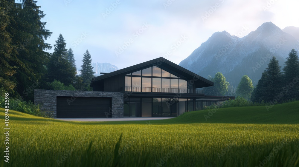 Obraz premium modern mountain house with glass facade and green meadow