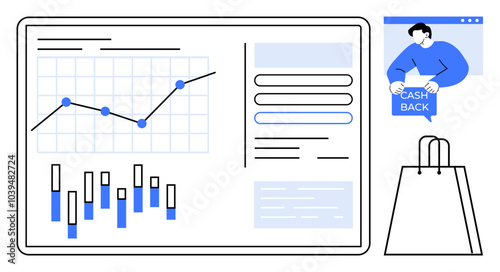 Analytics dashboard with graphs and charts alongside a cashback offer icon and shopping bag. Ideal for financial analysis, e-commerce, marketing strategies, cashback programs, and data visualization