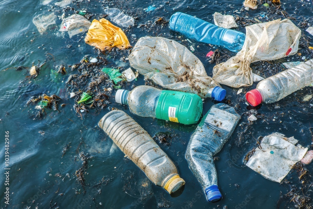 Fototapeta premium Plastic Waste Floating on Polluted Ocean Water