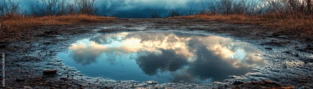 Obraz premium Stunning Reflection of Cloudy Sky in a Puddle on a Muddy Path Surrounded by Bare Trees and Grass