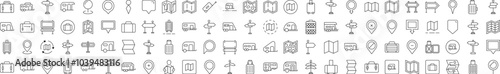 Motorhome, Map Pin, Baggage, Direction Pointer Bundle of Thin Icons. Editable Stroke. Suitable for Web Sites, Books, Cards, Apps