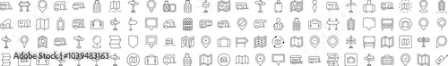 Motorhome, Map Pin, Baggage, Direction Pointer Icon Set for UI, Placards, Books, Apps. Editable Stroke. Suitable for Web Sites, Books, Cards, Apps