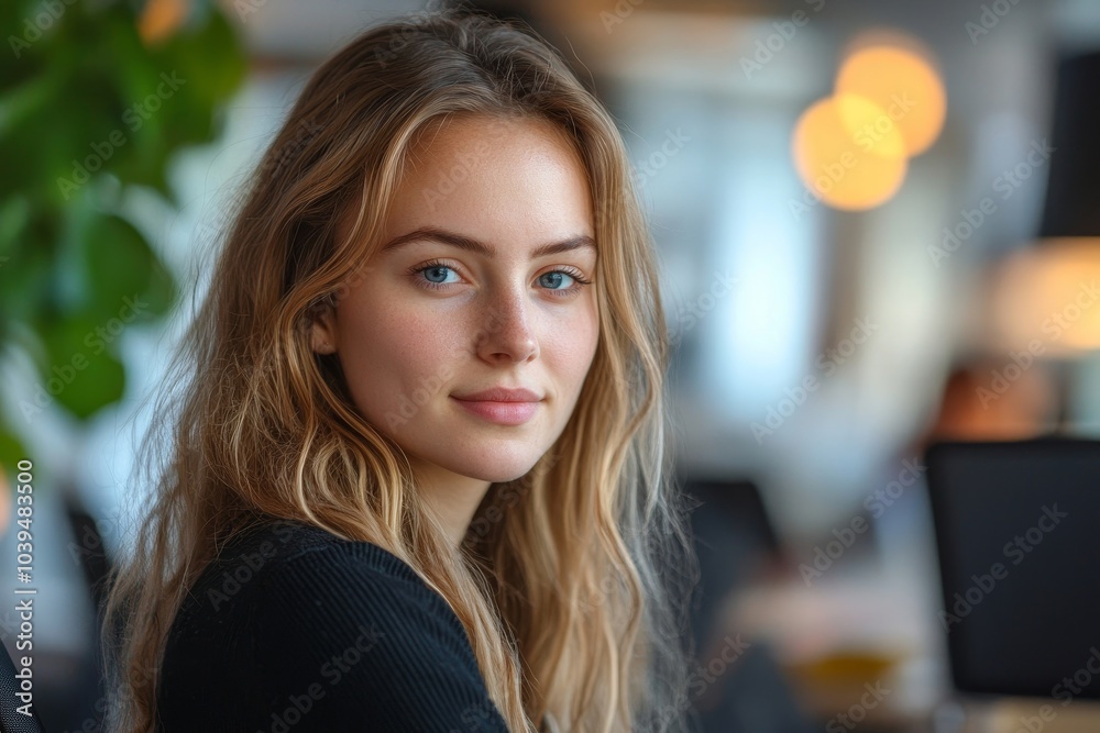 Young businesswoman having a virtual meeting in a coworking office, Generative AI