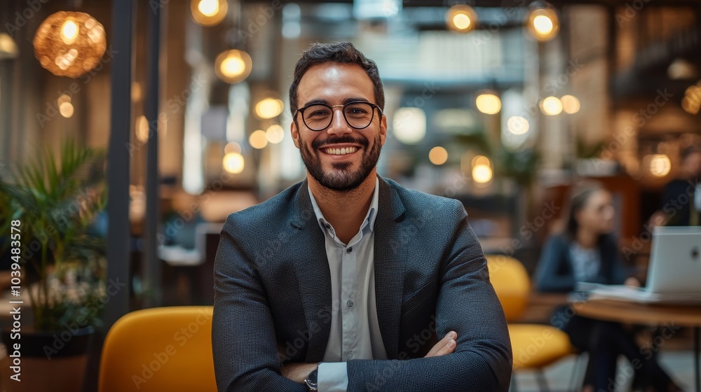 Happy young businessman working in a co-working office, Generative AI