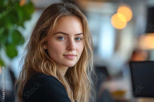 Obraz na płótnie Young businesswoman having a virtual meeting in a coworking office, Generative AI w salonie