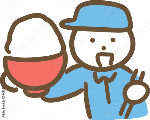 笑顔でご飯を持っている作業服＆帽子の若い男性(上半身)