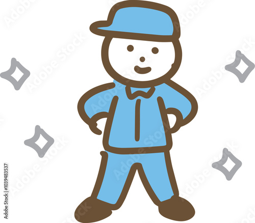 胸を張る作業服の男性