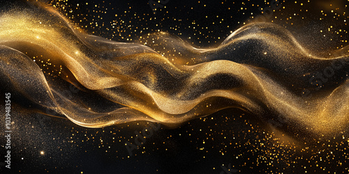 Golden fabric flow with glitters, golden sand and dust on the dark background. Luxury wallpaper, exclusive banner for advertises, award ceremonies, web banners.
