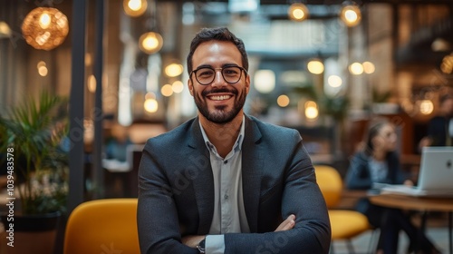 Obraz na płótnie Happy young businessman working in a co-working office, Generative AI w salonie