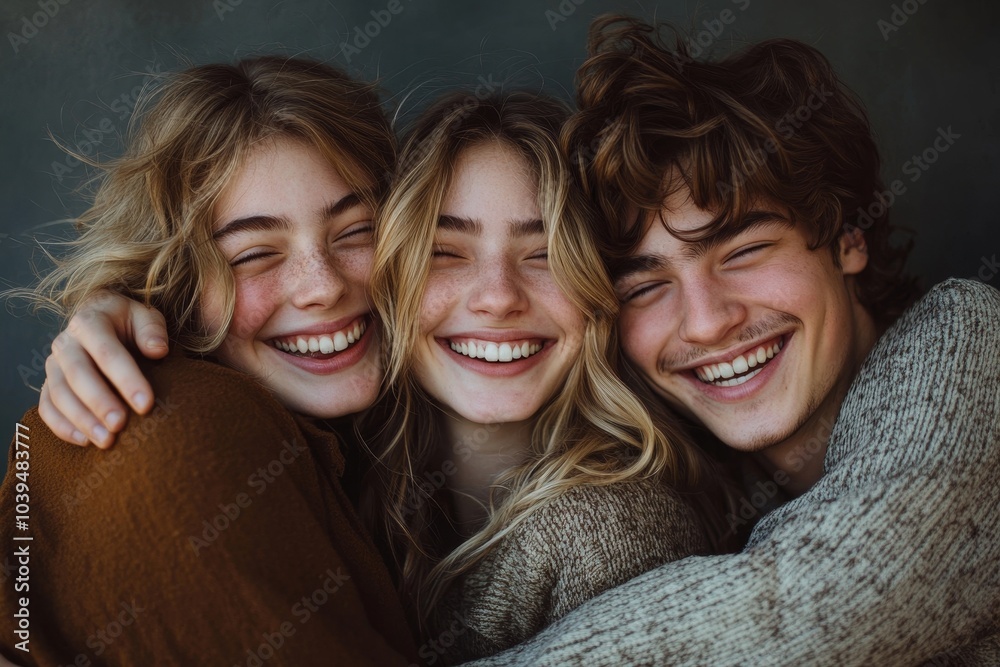 Three best friends laughing happily while embracing each other in a studio, Generative AI
