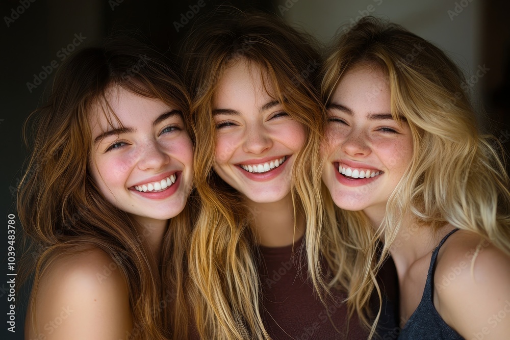 Three best friends laughing happily while embracing each other in a studio, Generative AI