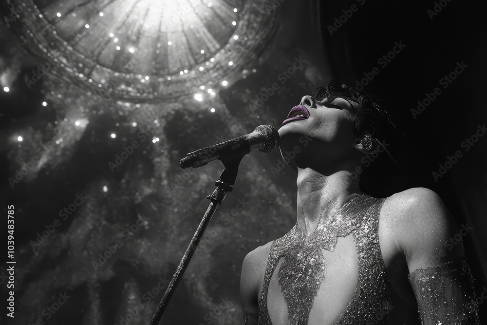Drag performer singing in female clothing, Generative AI
