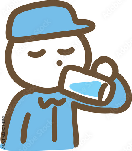 水分補給している休憩中の作業員の若い男性(上半身)