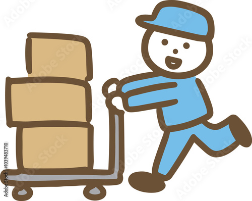 台車で段ボールの荷物を運ぶ作業員の若い男性(全身)