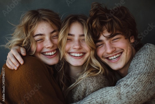 Obraz na płótnie Three best friends laughing happily while embracing each other in a studio, Generative AI w salonie