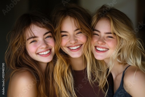 Obraz na płótnie Three best friends laughing happily while embracing each other in a studio, Generative AI w salonie