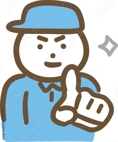 ビシッと正面を指差す作業服の男性