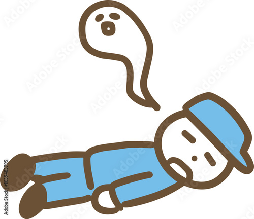 ぐったりと倒れている作業員の若い男性(全身)