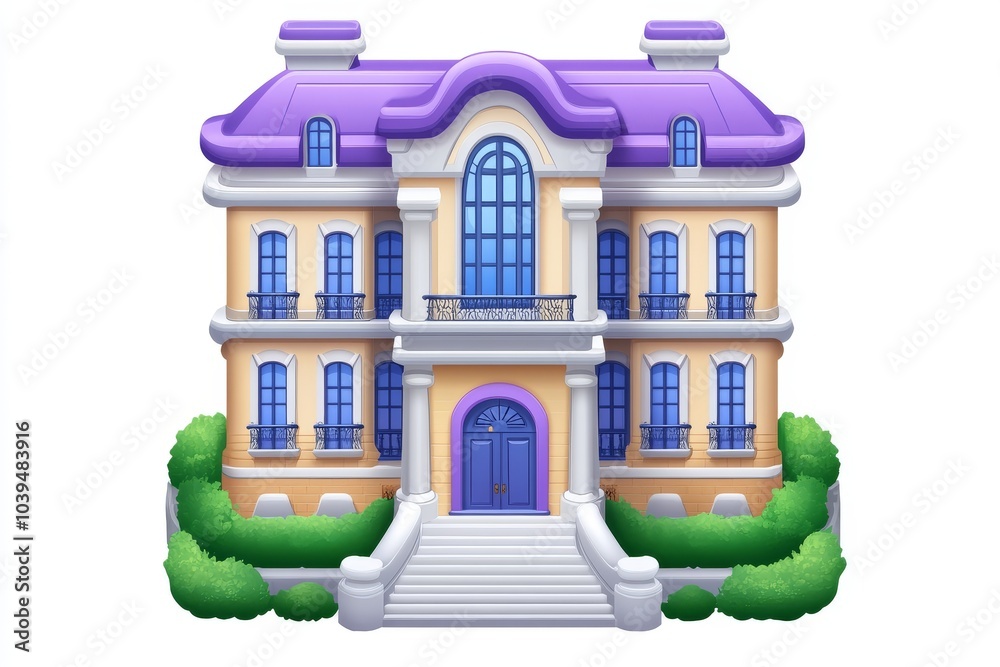 Obraz premium Cute cartoon style mansion with purple rooftops and colorful details evoking a whimsical fantasy like atmosphere with playful architecture and a lighthearted design