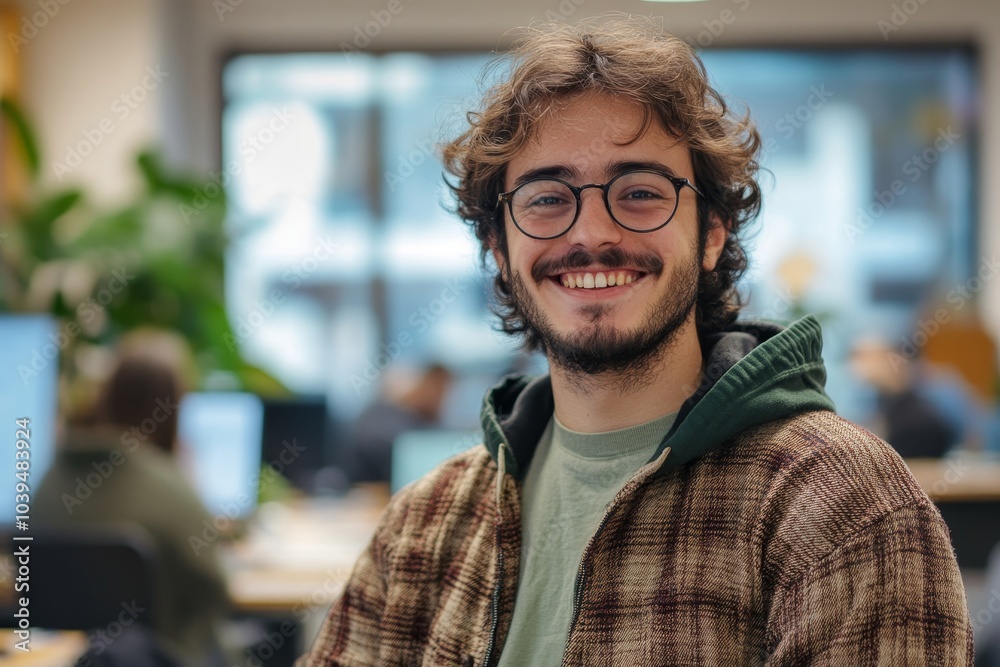 Happy software developer smiling in a modern office, Generative AI