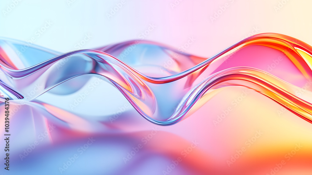 Naklejka premium big glass wavy with a gradient of pink and blue hues, creating a sense of fluidity and movement, minimalist background.