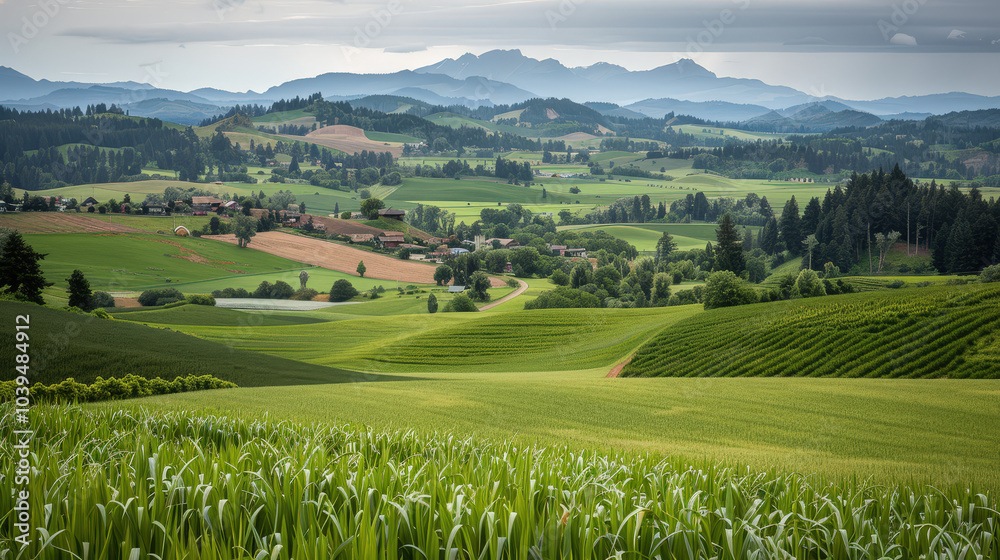 Fototapeta premium serene countryside landscape just before storm, showcasing lush green fields, rolling hills, and distant mountains under moody sky. scene evokes sense of calm and anticipation