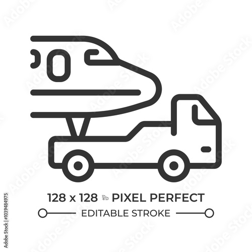 Aircraft towing linear icon. Airplane and tow truck. Moving plane for maintenance. Aviation services. Thin line illustration. Contour symbol. Vector outline drawing. Editable stroke