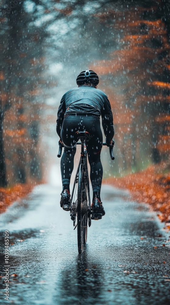 Cyclist training on a rainy day, Generative AI