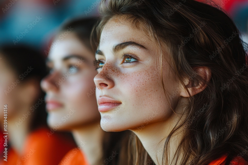 Sad female fans sitting in stadium, Generative AI
