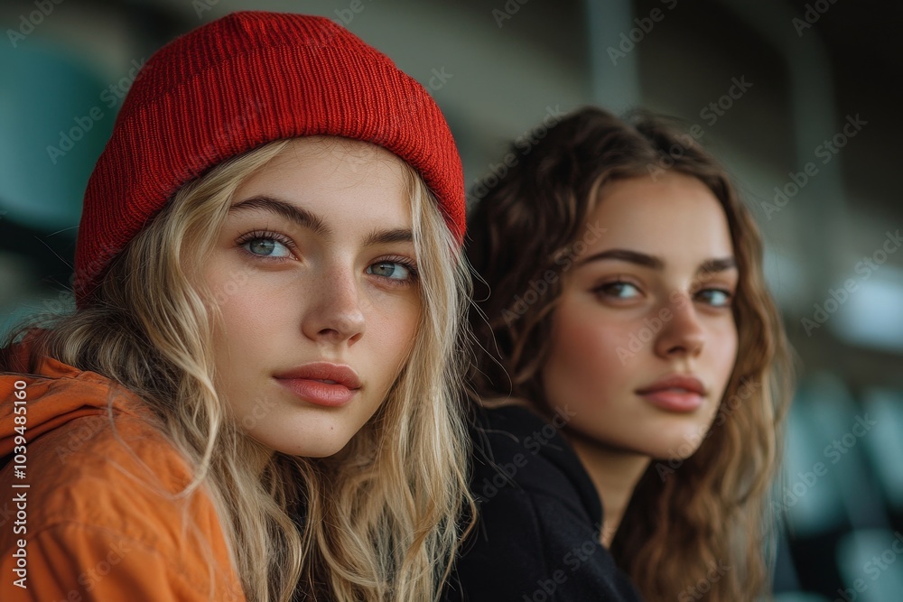 Sad female fans sitting in stadium, Generative AI