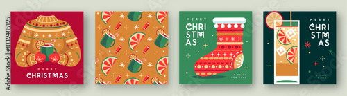 Set of Merry Christmas and Happy New Year greeting cards, covers or posters with holiday attributes. Christmas background. Flat design. Vector illustration