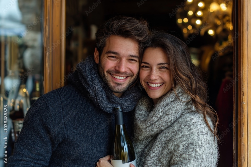 Smiling young couple at entrance door with wine bottle, Generative AI