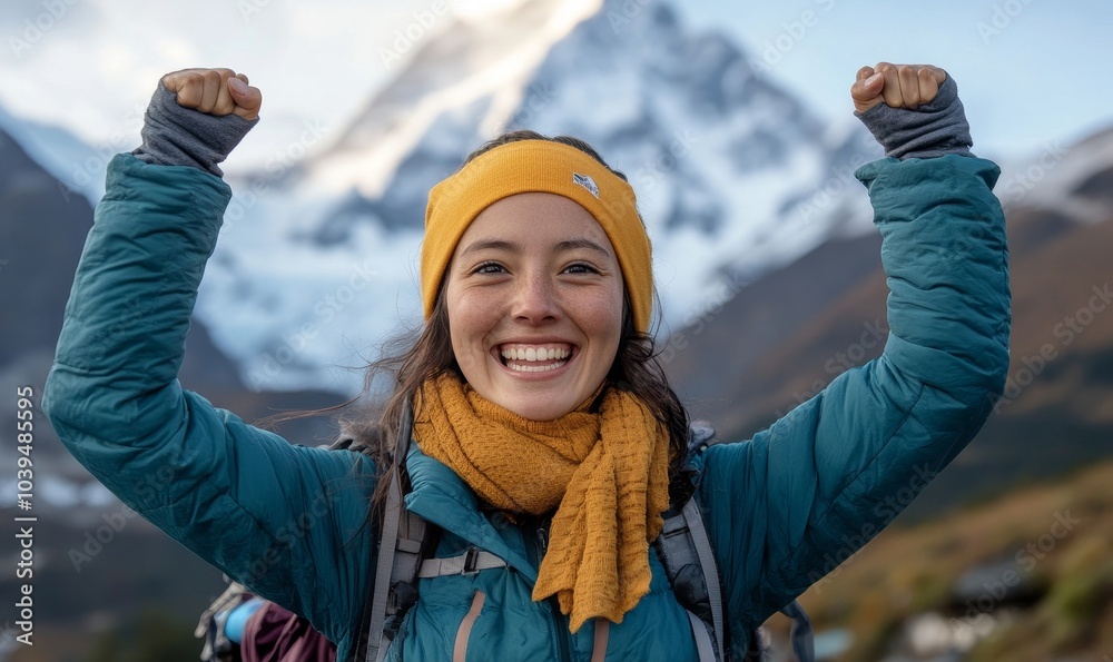 Portrait of an excited female trekker, Generative AI