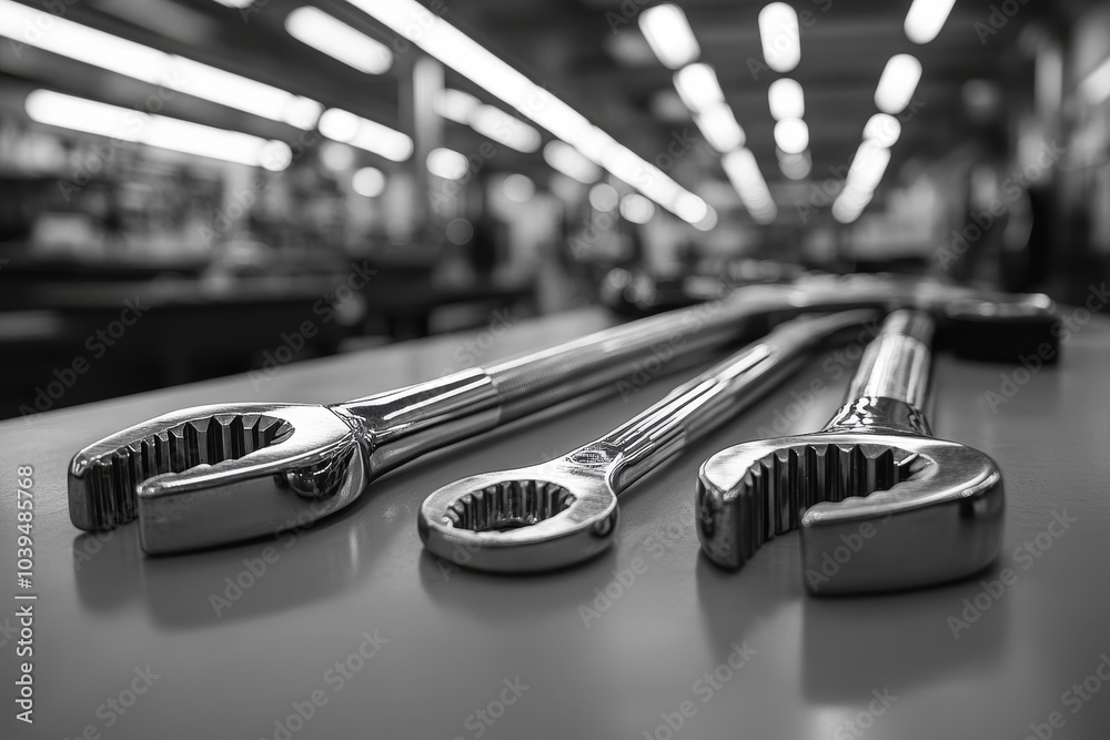 Ratchet spanner and sockets in car workshop, Generative AI