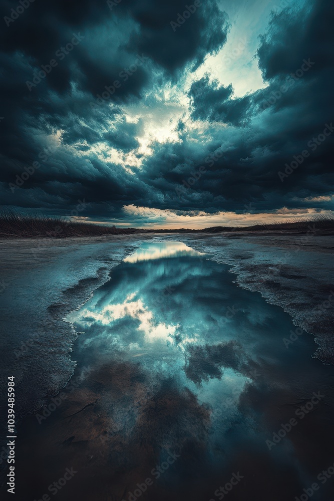 Fototapeta premium ** Dramatic Cloudscape Reflected in Tranquil Water at Sunset Capturing Nature's Beauty and Serenity in a Stunning Landscape Photograph..**