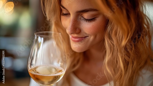 Woman looking at her wine glass, Generative AI
