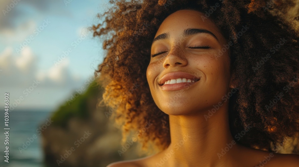 Woman happily breathing in the fresh sea air, Generative AI